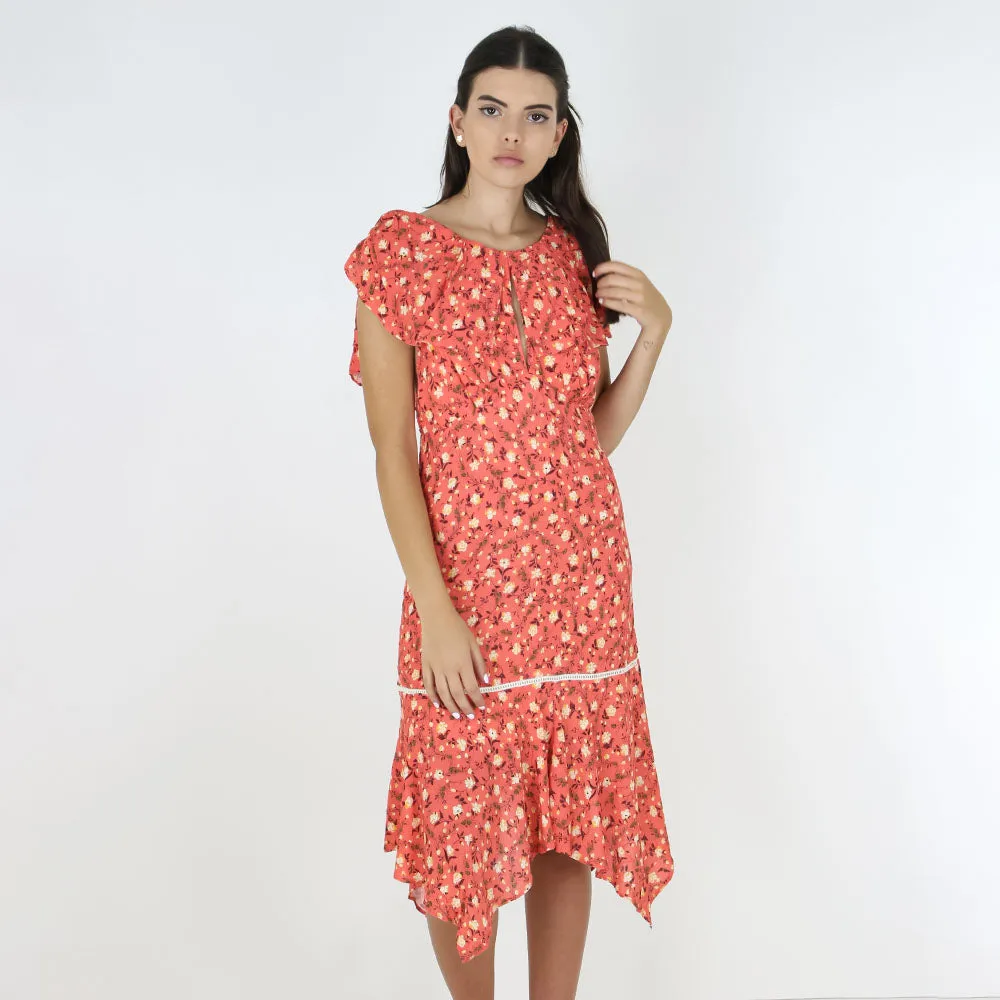 Damen-Midi-Kleid mit Rüschen und Blumenmuster, Casual, Koralle