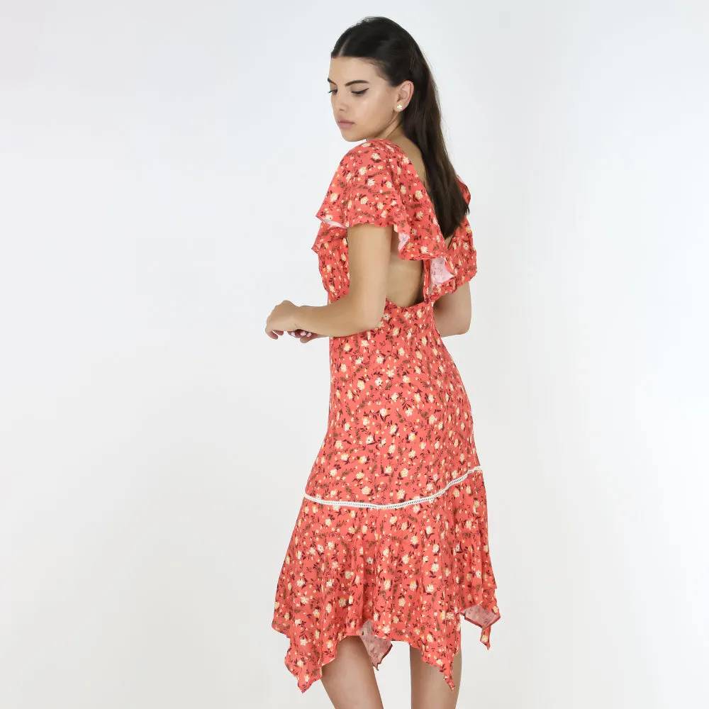 Damen-Midi-Kleid mit Rüschen und Blumenmuster, Casual, Koralle