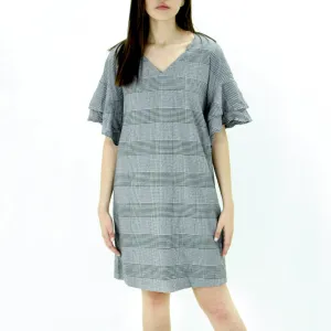 Damen-Rüschenärmel-Karo-Kleid, Schwarz/Weiß