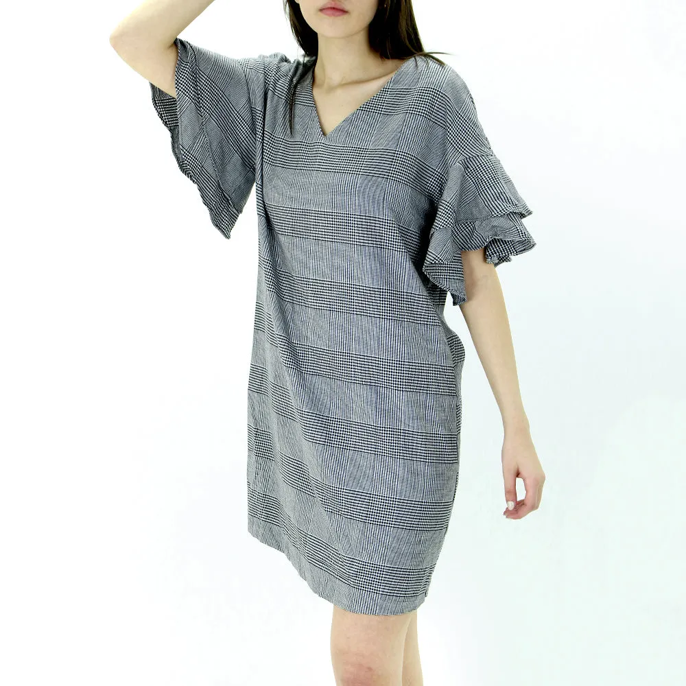 Damen-Rüschenärmel-Karo-Kleid, Schwarz/Weiß