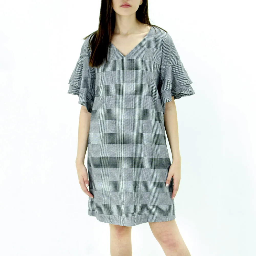 Damen-Rüschenärmel-Karo-Kleid, Schwarz/Weiß