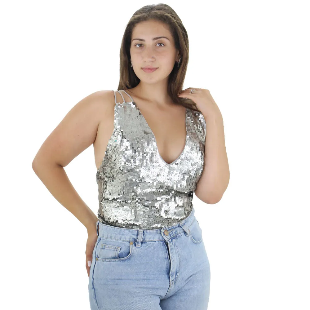 Damen Pailletten-Bodysuit, Grau