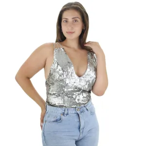 Damen Pailletten-Bodysuit, Grau