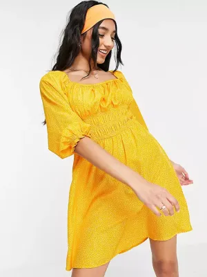 Damen-Minikleid mit Rüschenbüste und Puffärmeln, Orange