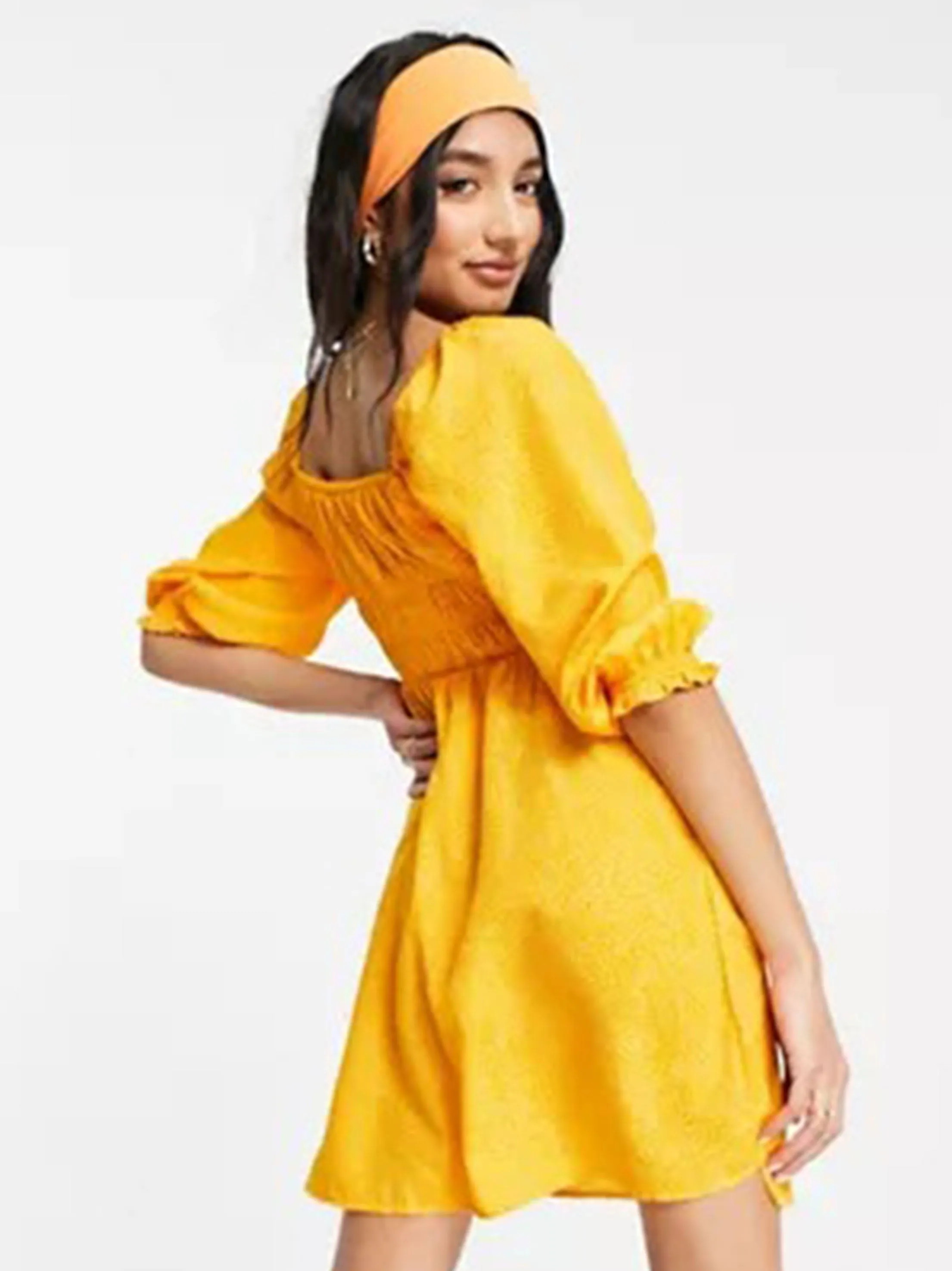 Damen-Minikleid mit Rüschenbüste und Puffärmeln, Orange