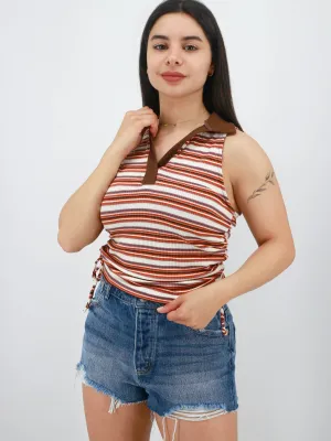 Damen-Polo-Shirt mit Rüschen und Streifen, Mehrfarbig