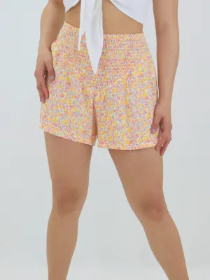 Damen Shorts mit Rüschenbund und Blumenprint, Mehrfarbig