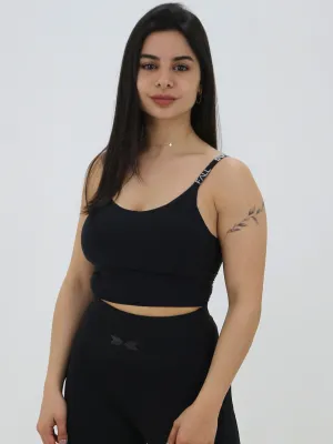 Damen-Sport-BH mit aufgedrucktem Markenlogo und Trägern, Schwarz