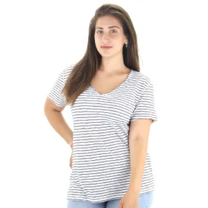 Damen gestreiftes V-Ausschnitt Top, Schwarz/Weiß