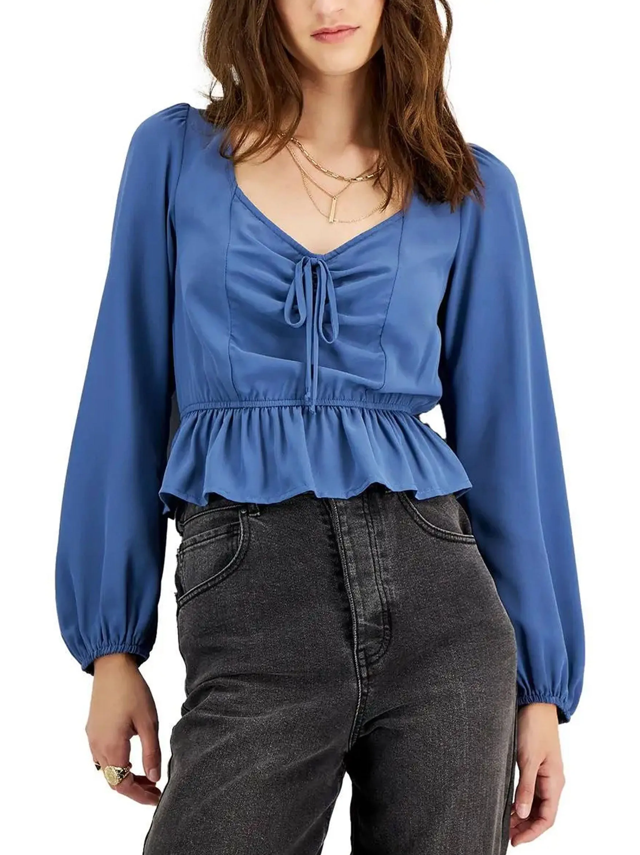 Damen Sweetheart Puff-Ärmel Peplum Top, Blau