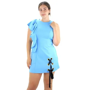 Damen-Minikleid mit Rüschen und Bindegürtel, Blau