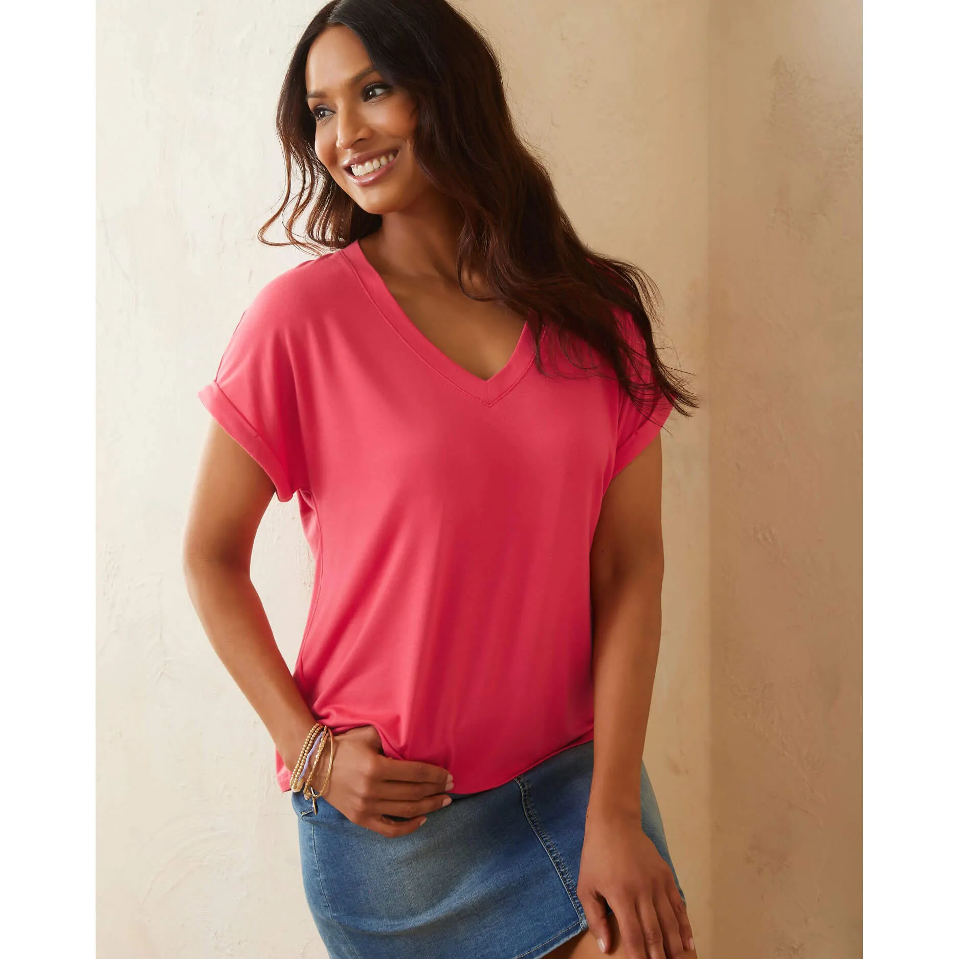 Damen Tommy Bahama Sportswear Tommy Bahama Damen Kauai Jersey V-Ausschnitt T-Shirt - Paradiesrosa