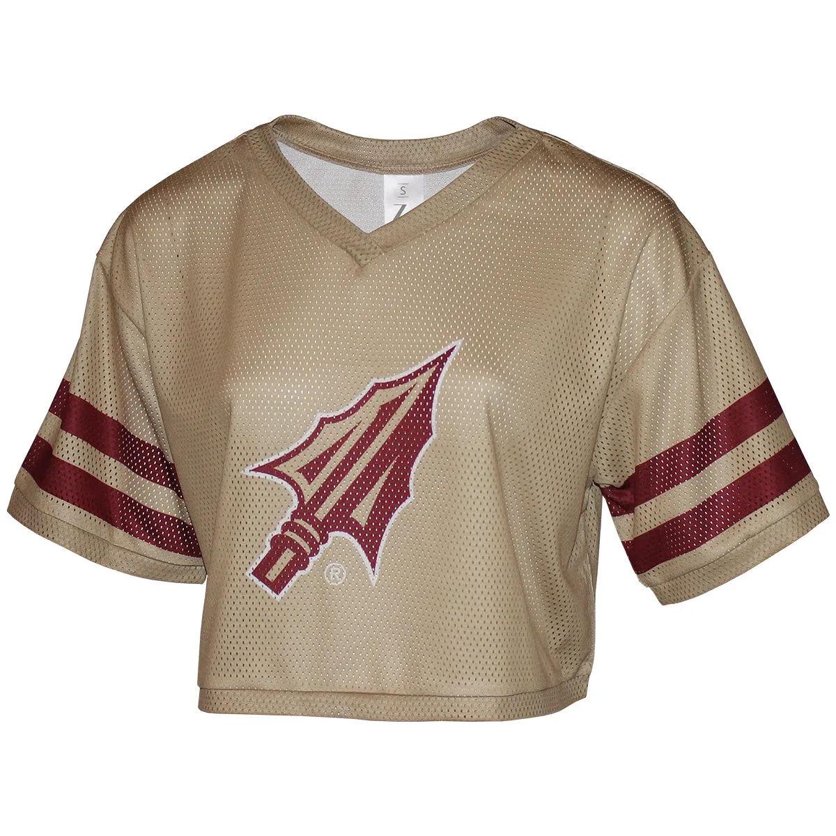 ZooZatz Damen V-Ausschnitt Mesh-Jersey Crop Top mit Pfeilspitzen-Logo - Gold/Granat ZooZatz Kleidung Damen